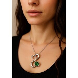Jane Seymour Sterling Silver Open Hearts Emerald Necklace 925 18" Chain Kay